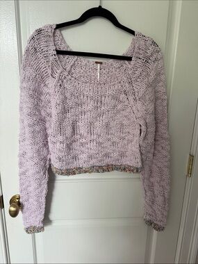 Free People Lavender Cropped Scoop Neck Sweater with Multicolor Trim